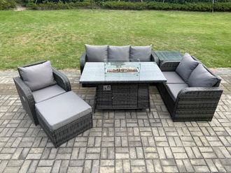 Fimous Garden Patio Furniture Wicker Rattan Gas Fire Pit Table & Sofa Chair set with Side Table Big Footstool in Dark Grey