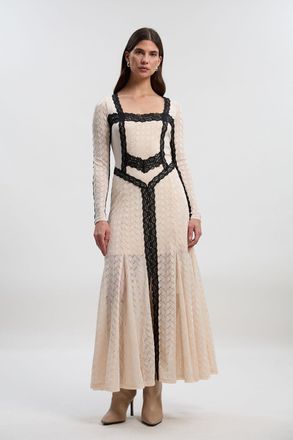 Karen Millen Womens Petite Lace Textured Scoop Neck Maxi Dress - Cream - Size X-Small