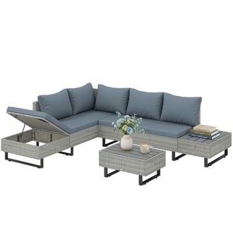 OUTSUNNY Conjunto Jard&iacute;n De Rat&aacute;n De 3 Piezas, Respaldo Ajustable, Muebles Jard&iacute;n Exterior Con Cojines, Sof&aacute; De 3 Plazas, Sof&aacute; De 2 Plazas, Mesa, Gris