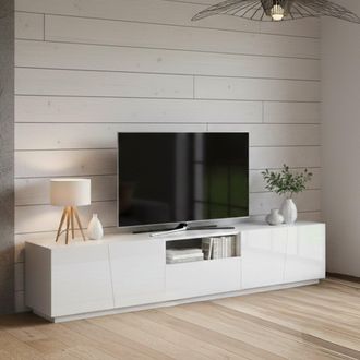 Dmora Dmora - Mueble Para Tv Para Sal&oacute;n, Made In Italy, Mueble Para Tv Con 4 Puertas Y 1 Caj&oacute;n, 220x43h46 Cm, Color Blanco Brillante, Con Luz Led Blanca, Co