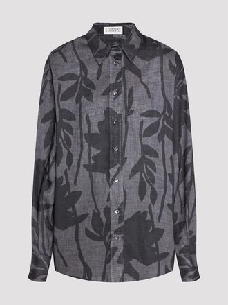 Brunello Cucinelli Grey Linen Floral Shirt, Size Small