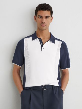 Reiss White & airforce Blue Colour-block Knitted Polo Shirt, Xxl