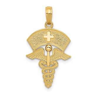 Diamond2Deal 14k Yellow Gold Caduceus Nurses Cap Pendant