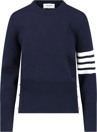 Thom Browne Navy Blue Cotton Sweater with Distinctive Four-Bar Stripes