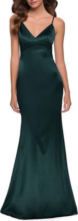 La Femme Stretch Satin Trumpet Gown in Dark Emerald at Nordstrom, Size 00