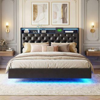 OEM Cama Lit 140&times;190 - Cama Flotante Suspendida - Pu Negro - Led Integrada - Almacenamiento Hidr&aacute;ulico