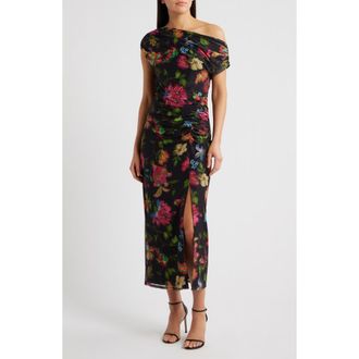 Vince Camuto Floral One-Shoulder Mesh Maxi Dress in Black at Nordstrom, Size 16