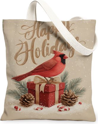 Generic Cardinal Canvas Tote Bags, Festive Red Bird Pattern Reusable Grocery Bags, Winter Vintage Lightweight Washable Canvas for T, Red, 13x15 Inch