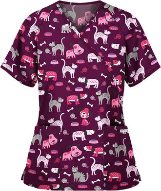 Generic Cute Scrubs Uniforms for Women Uniform Cat Grooming Cute Printed Nurses Uniform Lace up Nurses Scrubs Top Short Sleeve Beauty Tunics Tops Spa Salon Wo