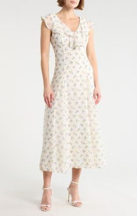 Wayf Ruffle Godet Midi Dress in Ivory Ditsy at Nordstrom Rack, Size X-Small