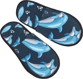 Generic Plush Cotton Slipper dolphin balls print Fluffy Slipper Breathable Ladies Slippers for Travel Ladies Hotels L