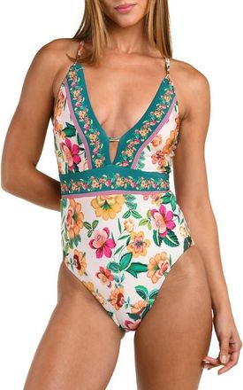 Sunshine 79 Zen Garden Plunge One-Piece Swimsuit in Blue/Green Multi at Nordstrom, Size 14