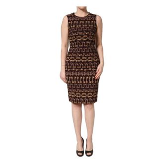 Dolce & Gabbana Midi Dresses, female, Brown, Size: M Key Print Sleeveless Sheath Dress