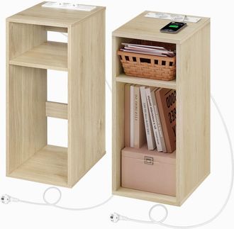 Woltu 2x comodino con prese di ricarica, 2 porte usb, 2 prese, 2 scomparti aperti, tavolino portaoggetti, rovere chiaro - Woltu