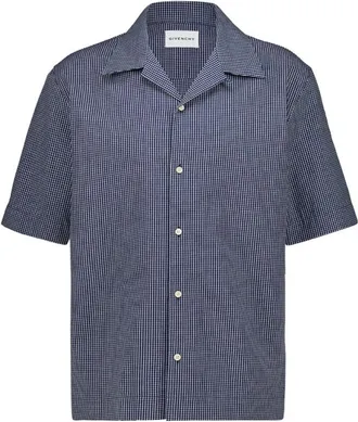Givenchy Short Sleeve Shirts, male, Blue, Size: XL Checked Shirt in Cotton with Paris Embroidery