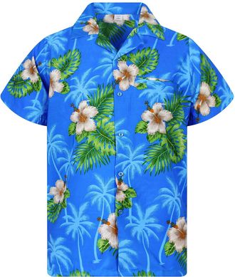 V.H.O. Funky Hawaiian Shirt, White Flower, Light Blue, XS