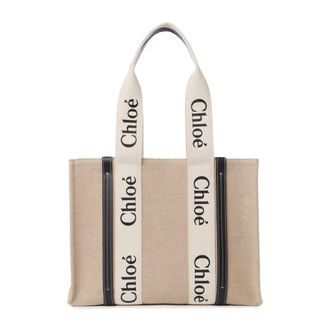 Chlo&eacute; Woody Medium Tote Bag - Dames - Tassen - Beige - Maat: ONE Size Linnen