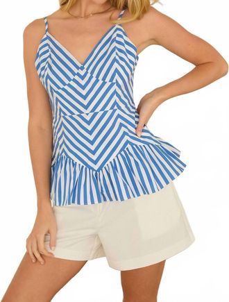 Skies Are Blue Clothing Striped Sleeveless Peplum Top With Chevron Bodice In Surf Blue