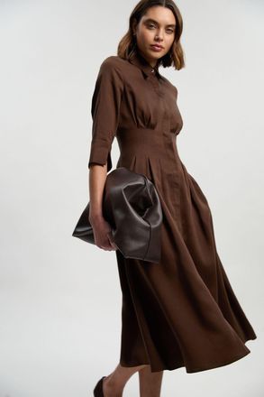 Karen Millen Womens Tailored Linen Darted Waist Midi Dress - Chocolate Lyocell - Size 10 UK