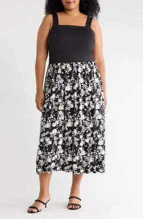 Loveappella Patterned Skirt Strap Dress in Blackivory at Nordstrom, Size 3X