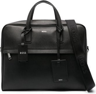 BOSS logo-stamp leather laptop bag - men - Calf Leather - OS - Black
