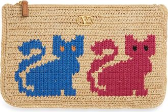 Valentino Garavani Medium Raffia Zip Pouch in Natural Multi at Nordstrom
