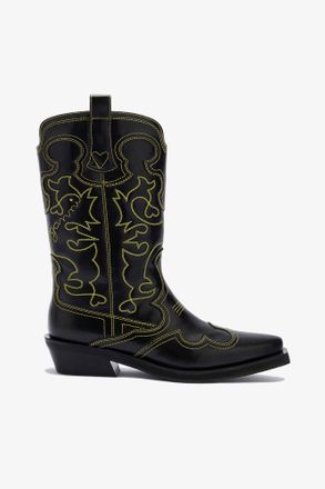 Ganni Mid Shaft Embroidered Western Boots - Size 36 Yellow