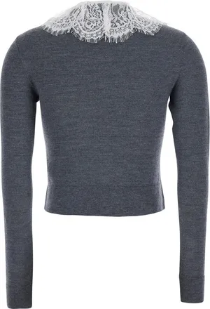 Self Portrait Womens Cardigan With Lace Collar, Grey Wool Tops Top