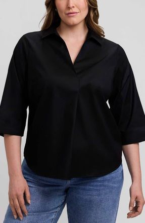 Foxcroft Cleo Pleated Cotton Blend Shirt in Black at Nordstrom, Size 3X