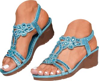 Generic Womens Wedge Sandals Dressy Summer Open Toe Low Platform Wedges Sandals Elastic Ankle Strap Flower Rhinestone Comfortable Casual Bohemian Beach Shoes 