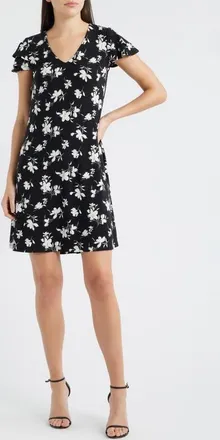Anne Klein Floral Flutter Sleeve Shift Minidress in Anne Black/White Dove at Nordstrom, Size Large