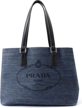 Prada Black Blue Cotton Leather Shoulder Bag Tote Bag (Pre-Owned)