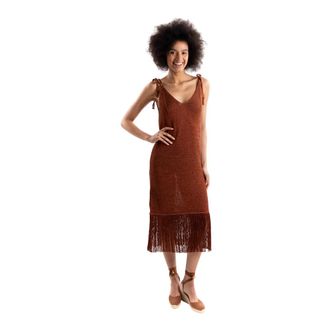 Akep Knitted Dresses, female, Brown, Size: XS Fringe-trimmed V-neck Dress