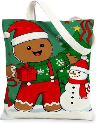 Generic Christmas Gingerbread Man Canvas Tote Bags, Holiday Character Reusable Grocery Bags, Lightweight Washable Shoulder Strap fo, Green, 13x15 Inch