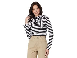 Tommy Hilfiger Long Sleeve Stripe Tie Neck Top Womens Clothing Black/White : XS (US 0-2), Cotton/Modal