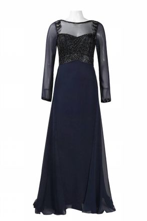 Sue Wong Beaded Bodice Evening Dress In Navy