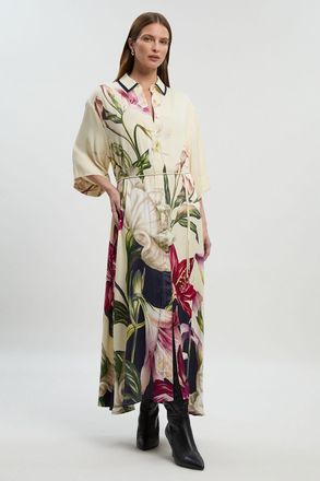 Karen Millen Womens Viscose Satin Floral Printed Oversized Shirt Woven Maxi Dress - Size 10 UK