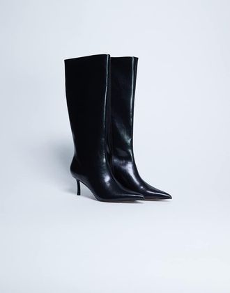 Topshop Tori - Stivali al ginocchio a punta neri con tacco alto-Nero