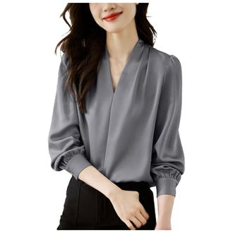 Generic Satin Blouse for Women UK Long Sleeve Tops V Neck Silk Shirts for Casual Work, Womens Elegant V Neck Silky Shirts Casual Blouses Tunic Party Top for L
