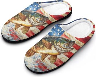 Generic Bass Fish U.S. Flag Fashion Cotton Slippers for Women Memory Foam House Slippers Non-Slip House Bedroom Shoes