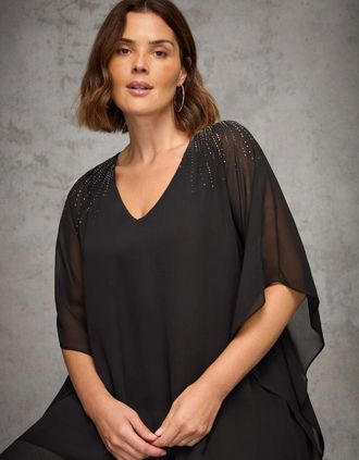 Live Unlimited London Womens Black Embellished V Neck Overlay Top - Size: 26