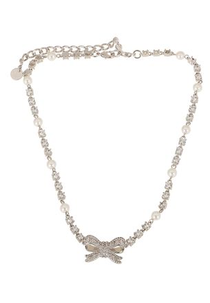 Self Portrait Silver Three-Dimensional Crystal Pearl Bow Choker
