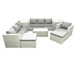 Fimous Wicker PE Rattan Sofa Garden Furniture Set with Armchair Oblong Coffee Table 2 Big Footstools 2 Side Tables Light Grey Mixed