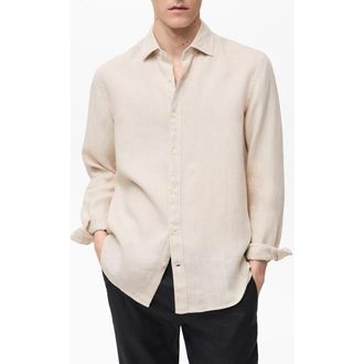 Mango Regular Fit Linen Button-Up Shirt in Sand at Nordstrom, Size Medium