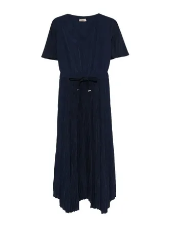 Herno Pleated Skirt Midi Dress In Navy Blue Fabric