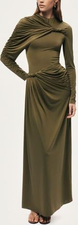 Nocturne Draped Long Sleeve Maxi Dress in Olive Green at Nordstrom, Size X-Large Eu
