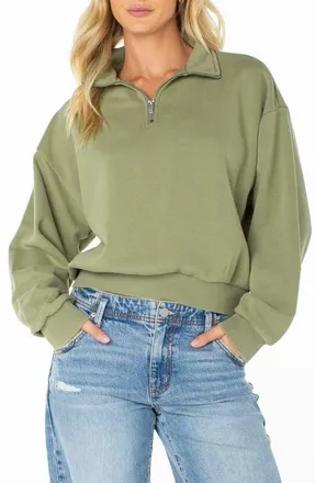 Roxy Half Moon Cotton Blend Quarter Zip Pullover in Oil Green at Nordstrom, Size X-Small