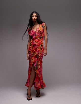 Topshop Vestito premium a fiori color rosso e arancione con pince e volant-Multicolore