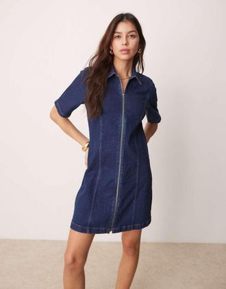 Abercrombie & Fitch denim zip detail mini a-line skater dress in blue wash