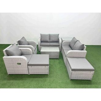 Fimous 8 Seater Outdoor Reclining Chair Love Sofa Set Rattan Garden Furniture Set with Rectangular Coffee Table 2 Big FootStools 2 Side Table Light Grey